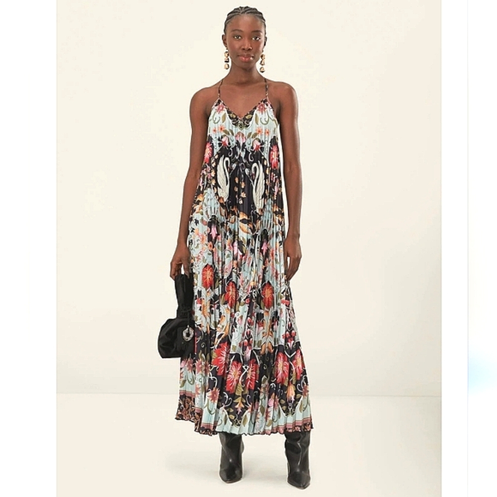 NWT$280 FARM RIO Blue Flowing Beauty Pleated Sleeveless Midi Dress Size Large - Picture 5 of 16
